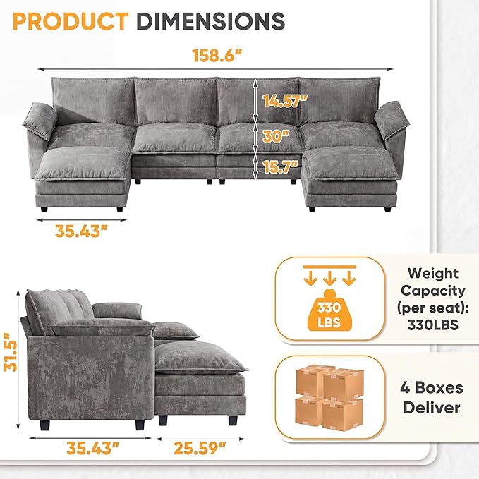 Modular Sectional Sofa with Double Layer Cushion, U Shaped Cloud Couch with 2 Movable Ottoman & Deep Seat, Oversized Chenille Sofa Couches for Living Room and Apartment (Light Grey, U Shaped Sofa)