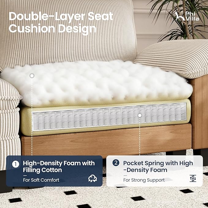 PHI VILLA Cloud Modular Couches Sets, 2 Pieces Sectional Sofa Set with Loveseat, 3-Seater Comfy Couch for Living Room Apartment, Corduroy Fabric, Beige