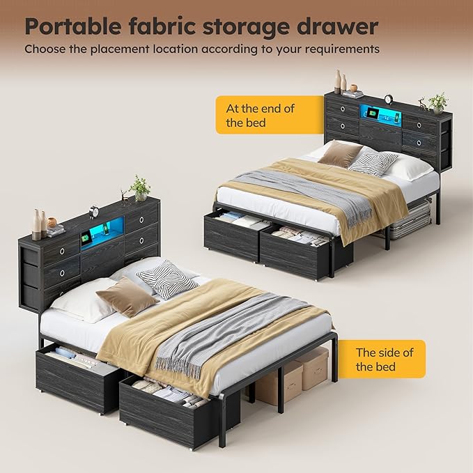 Homkdom Full Size Bed Frame with 8 Fabric Storage Drawers, LED Lights & Charging Station, Metal Platform Bed Frame with Headboard Storage,No-Noise,Easy Assembly,Black
