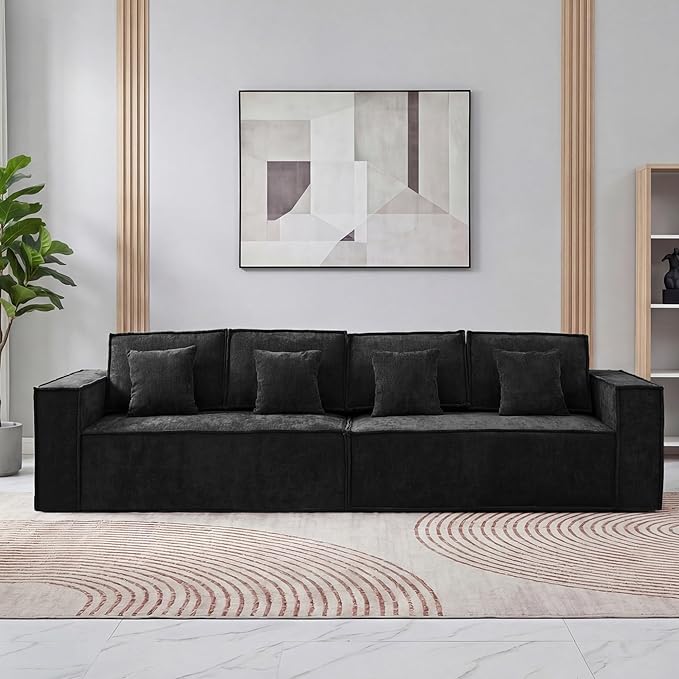 108'' Comfy Chenille Boneless Couch, Oversized Modular Sectional 4 Seater Sofa, Modern Deep Seat Corner Cloud Compressed Couch, No Assembly Sleeper Sofa with Chaise for Living Room, Black