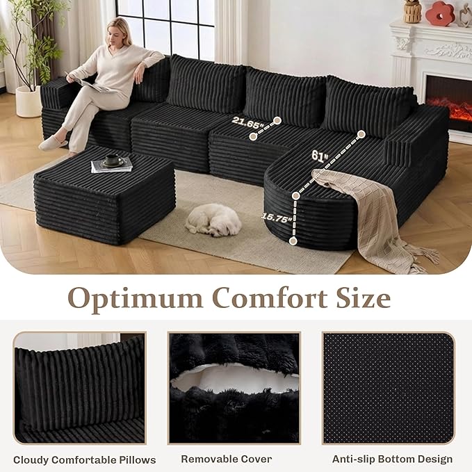 132” Boneless Couches for Living Room, L-Shaped Modular Sectional Sofa with Chaise & Ottoman, Modern Corduroy Cloud Couch with Deep Seat, Comfy Sponge Compression Convertible Sofas