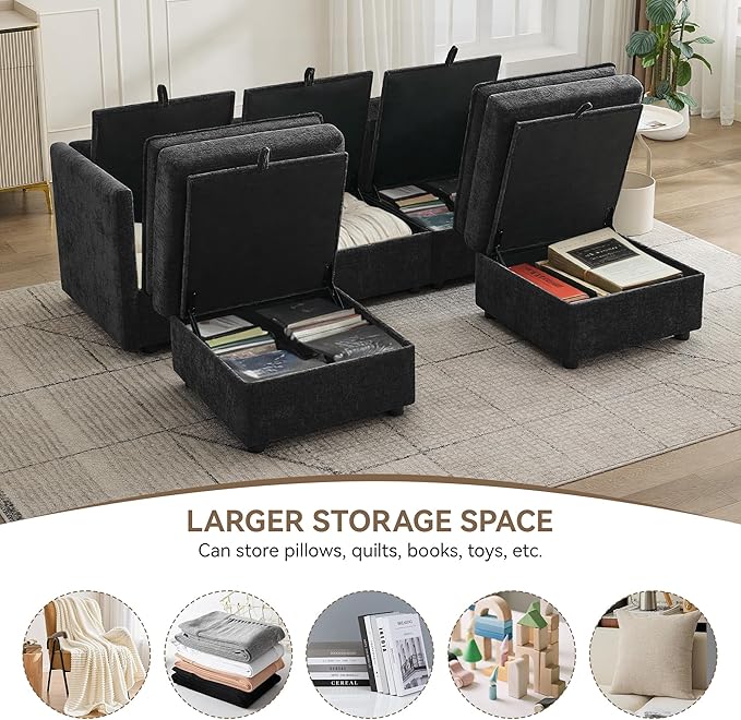 80" Cloud Modular 3 Seater Sofa with 2 Storage Ottoman, Modern Upholstered Storage Sofa Couch Deep Seat, U Shape Sectional Sofa Chenille Comfy Couch with Armrests for Living Room, Small Space, Black | Modular Sofa, Storage Ottoman, Upholstered Sofa, Se...
