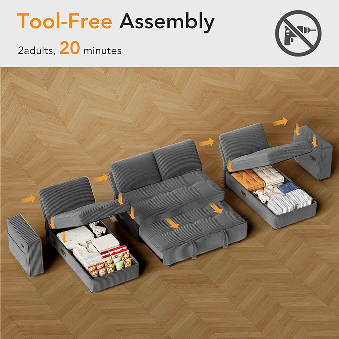 Vipbear Sectional Sleeper Couch with Pull Out Sofa Bed, U Shaped Plush Corduroy Couch with Reclining Backrest & 2 Storages & USB Charging, Convertible Cloud Sectional Sofa Bed for Living Room, Grey | Breathable material, Tool-Free Assembly, Reclining B...