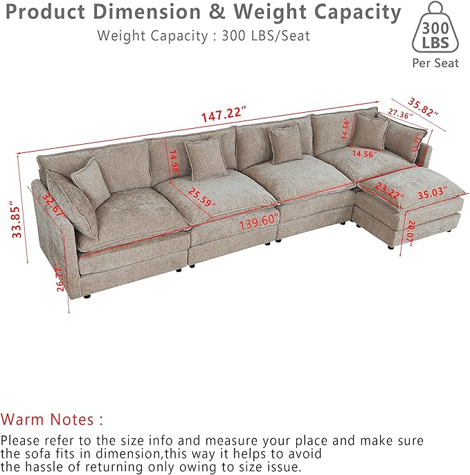 Setawix Deep 4 Seater Couch with Ottoman,147.22" L-Shaped Cloud Couches for Living Room,Chenille Cloud Sofa Couch with Deep Seat,Modular Sectional L Shape 4 Seat Sofa for Bedroom (Coffee, 4+1)