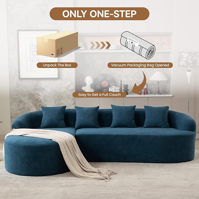 Boneless L Shaped Sofa Couch, Oversized Sectional Curved Cloud Sofa with Chaise Lounge, Chenille 4 Seats Deep Seat Couches for Living Room, No Assembly, Blue