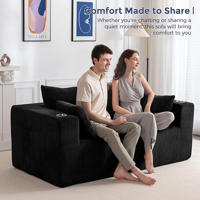 MAXYOYO Modular Sectional Sofa Couch, Loveseat Boneless Cloud Couch for Living Room, Sofa in A Box, Tufted Upholstered Cozy Chair with Cup Holders, No Assembly Required, Black