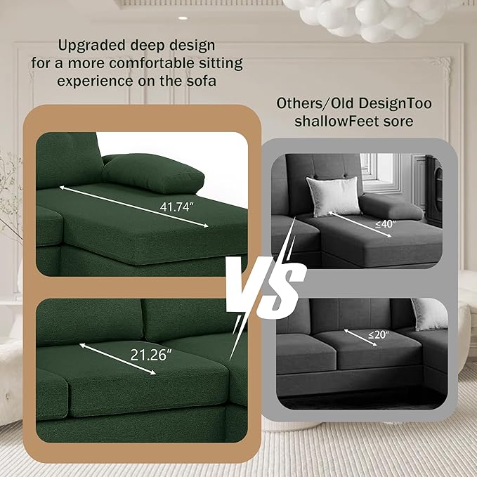 111" Sectional Couch for Living Room, Modern Polyester Fibre U Shaped Sofa Couches with Double Chaise, Upholstered 4 Seater Sofa for Living Room, Apartment, Office, Dark Green