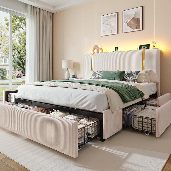 Homkdom Queen Bed Frame with 6 Storage Drawers, Upholstered Bed Frame Queen Size with Adjustable Headboard, LED Light & Charging Station, Heavy Duty Metal Support,Modern,Beige