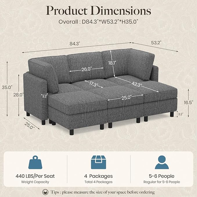 Belffin 84.3" Modular Sectional Sofa 6 Seats Sleeper Sofa Washable Sectional Couches for Living Room Comfy Couches with Storage Seat Couch Sofas with Chaise,Grey