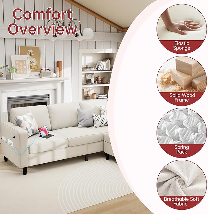 ZeeFu Sectional Sofa Coches for Living Room, 3 Seater L Shaped Couch with USB & Type-C Charg Port & Storage Ottoman, Modern Linen Living Room Furniture, Small Couch for Apartments and Office