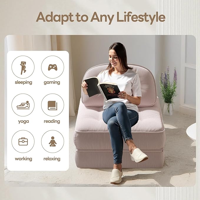Dowinx Folding Sofa Bed with Pillow, Convertible Comfy Couch Bed for Adults Home Lounge and Gaming, Modern Comfortable Design for Apartment Living Room Bedroom, Single, Ribbed Velvet, Mauve