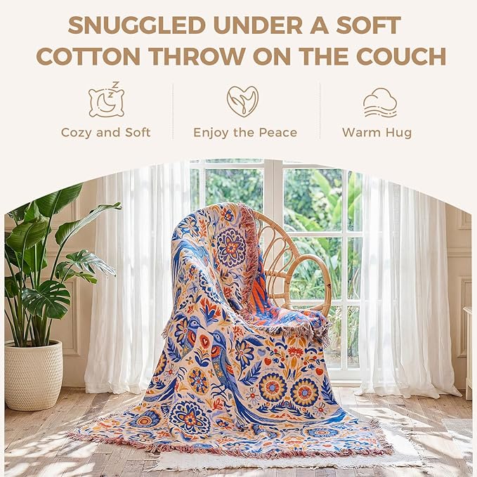 LUTBM Boho Throw Blanket for Bed Cotton Spring Blankets Twin Size for Bedroom Living Room All Season Lightweight Floral Bird Embroidery Breathable Quilt for Couch Sofa Chair 60"x80" Home Decor