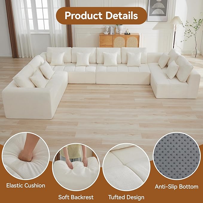 170''Modular Sectional Couches for Living Room, Cloud Boneless Compressed Sectional Sofa, Oversized U Shaped 8 Seater Upholstered Memory Foam Sofa, No Assembly, Chenille Beige