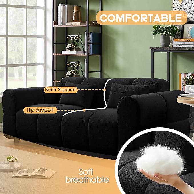 80" Modern Sofa Couch, Comfy Deep Seat Lambswool Cloud Sofa, Upholstered 3-Seater Boucle Couch, Oversized Loveseat for Living Room, Bedroom, Office, Apartment(Black)