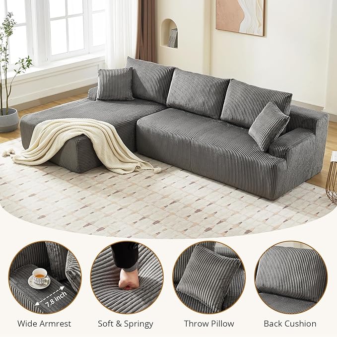 Sectional Cloud Boneless Couch 106" Modern Comfy L-Shape Corner No Assembly Required Convertible Compression Sleeper Modular Sofa with Corduroy Fabric Deep Seat Loveseat + Chaise for Living Room