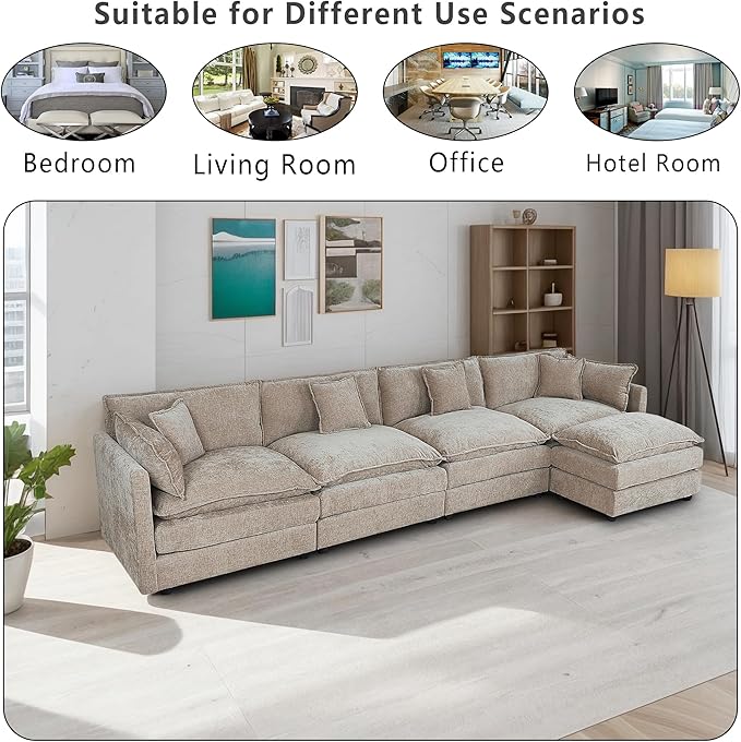 Setawix Deep 4 Seater Couch with Ottoman,147.22" L-Shaped Cloud Couches for Living Room,Chenille Cloud Sofa Couch with Deep Seat,Modular Sectional L Shape 4 Seat Sofa for Bedroom (Coffee, 4+1)