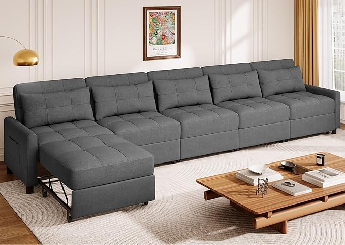 Aiho Pull Out Couch, Convertible Sofa Bed with Adjustable Backrest, 5 Seater Sectional Sleeper Sofa, Couch Bed with Spring Support, for Apartment Living Room, Dark Grey