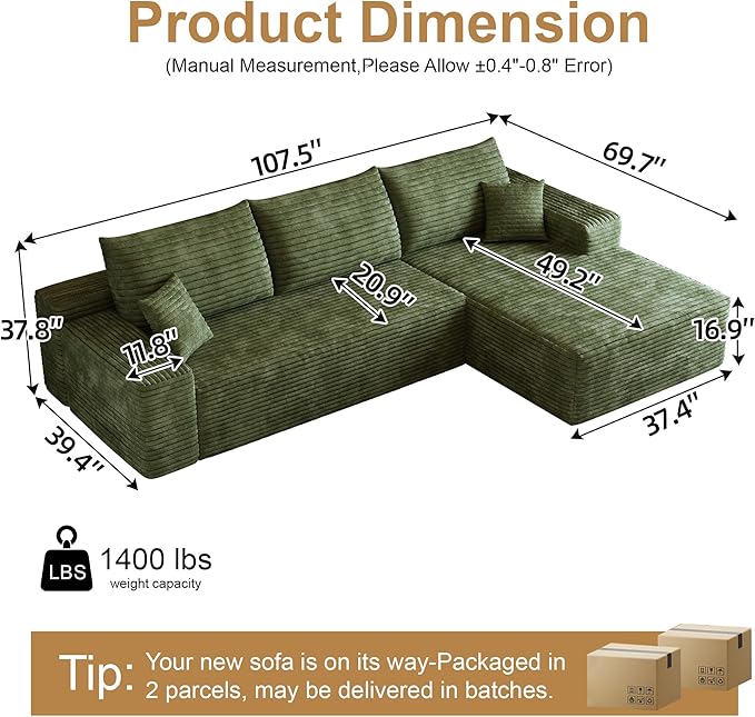 108" Sectional Couches for Living Room Cloud Couch Sofa with L-Shape Upholstered Boneless Couchs Modern Modular Sectional Couch with Chaise (Green, 108" Right Facing Chaise+2Seaters)