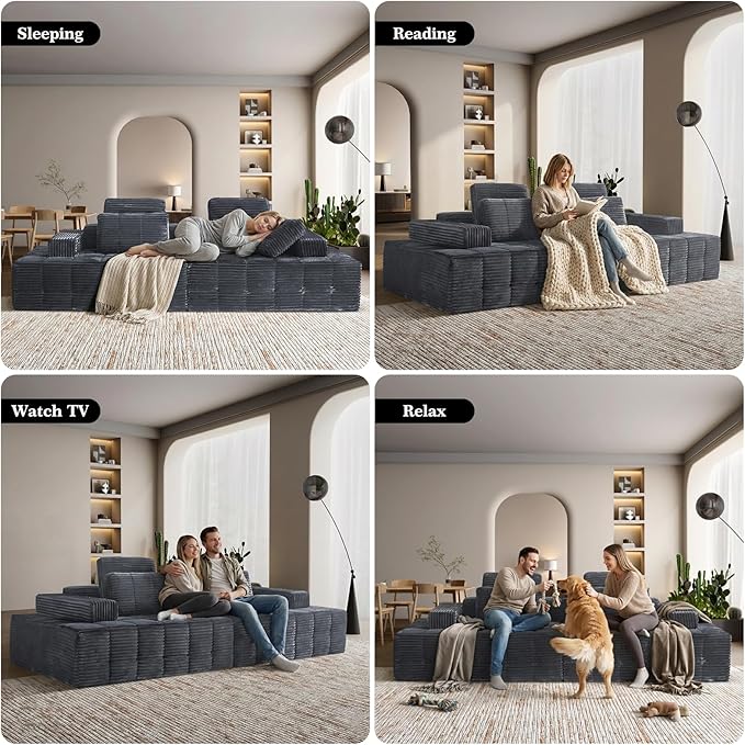 Modular Sectional Sofa with Movable Handrails, Straight-Row Boneless Sofa Sectional Couch for Living Room, Deep Seat Memory Foam Faux Rabbit Fur Fabric Sofa, No Assembly Required(Grey)