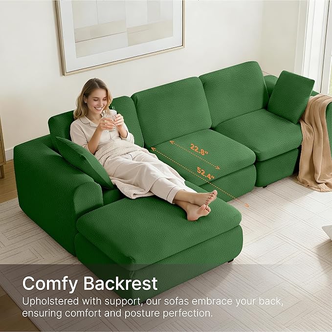 108" Boneless Cloud Couch Sectional No Assembly Required Modular Sofa with Deep Seat for Living Room L Shaped Couch with Ottoman Snowflake Fabric and Memory Sponge Moss Green
