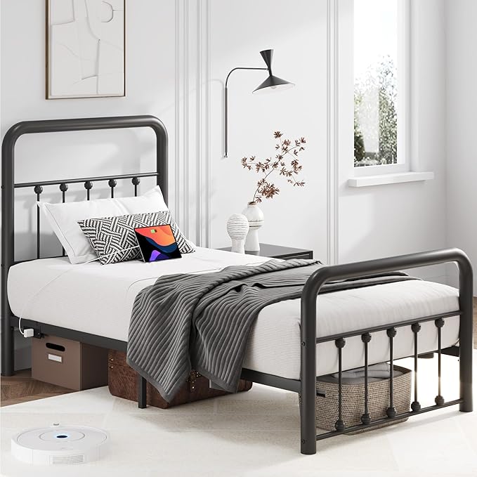 Fluest 14 Inch Twin Bed Frame Classic Metal Platform Bed Frame with Charging Station & LED, Victorian Style Iron-Art Headboard/Footboard, Under Bed Storage, No Box Spring Needed, Noise Free
