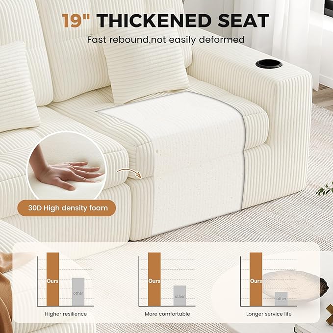 144" U Shaped Cloud Boneless Couch,Modern Modular Sectional Sofa with Layered Cushion,No Assembly Convertible Corduroy Couches for Living Room,Beige 1 PCS
