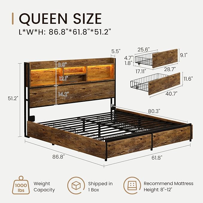 BRELTAM Queen Storage Bed Frame with 6 Drawers, USB Charging Station, No Noise, No Box Spring Required, Vintage Brown Headboard Platform Bed