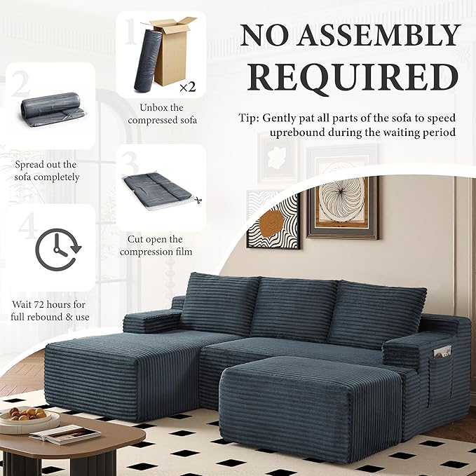 96" Sectional Couches for Living Room Cloud Couch Sofa with L-Shape Upholstered Boneless Couchs Modern Modular Sectional Couch with Chaise (Dark Grey, 96" W+Left Facing Chaise+2Seaters+Ottoman)