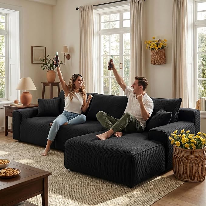 97”Modular Sectional Sofa, Cloud Sectional Couch with Deep Seat, Modern Modular L-Shape Sofa Couch, Upholstered Boneless Couches for Living Room Bedroom (Black Check, Right Facing Chaise)
