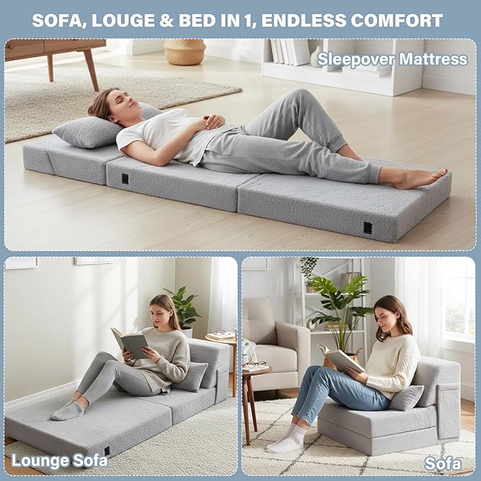 Tiita Convertible Folding Sofa Bed Single Size for Adults with Pillow, Plush Fabric Floor Mattress Couch Bed, Washable Cover & Side Pocket, Guest Room, Dorm, Apartment, Living Room, White Gray