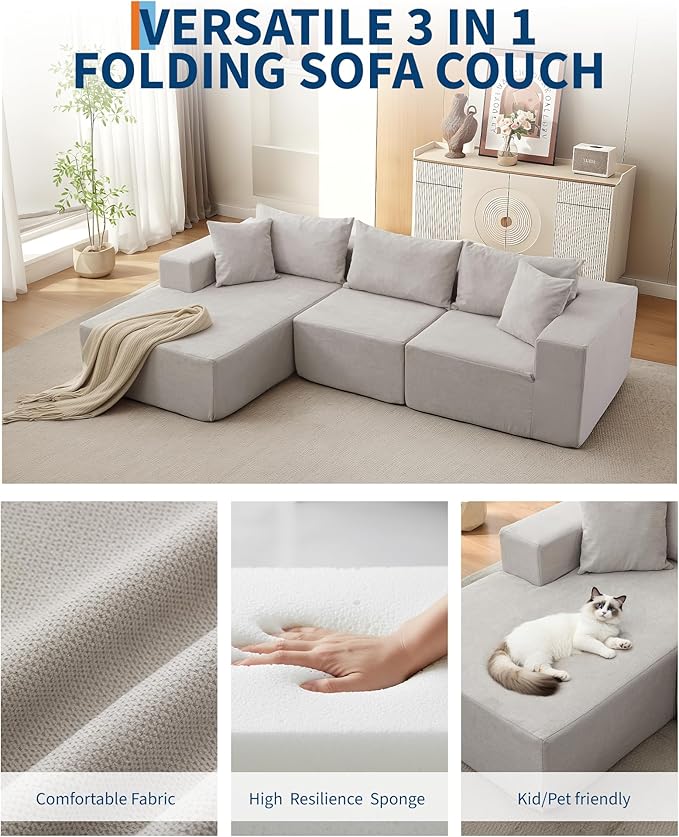 Garvee 108" Modular Sectional Sofa,Cloud Couch Sectional with Left Chaise | Compressed l Shaped Sofa for Living Room | Boneless Couch & Sofa Bed Design,No Assembly Required, Beige