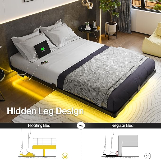 Liians Full Size Modern Floating Bed Frame with Smart LED Lights, USB Charging Station, Sturdy Metal Platform, No Box Spring Needed, and Easy Assembly