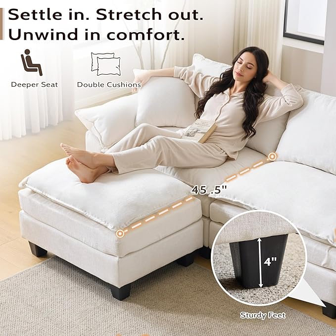 138" Modular Sectional Couch, U Shaped Comfy Cloud Couch with Ottoman and Throw Pillows, Modern Chenille Sofa Sleeper Deep Seat Sofa Couched for Living Room,Apartment(Beige)