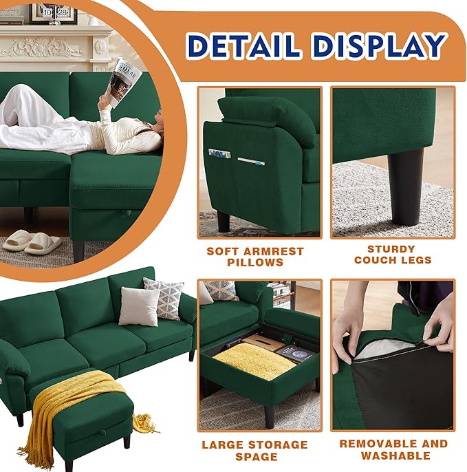 4 Piece Convertible Sectional Sofa Set, Modern Linen Small L Shaped Couch with Reversible Chaise, 3-Seater Sofa & Loveseat & Armchair for Living Room, Office, Apartment, Green