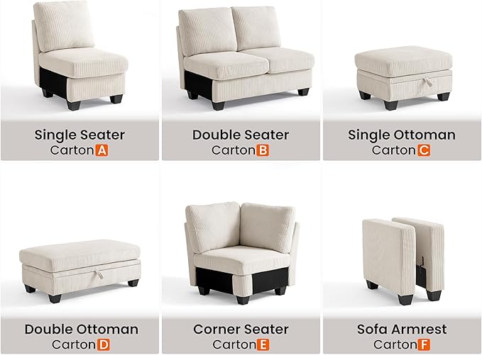CHIC HOUSE Middle Module for Modular Couch, Corduroy Customizable Chaise, Storage Ottoman for Sectional Sofa, Armrest, Single/Double Seater