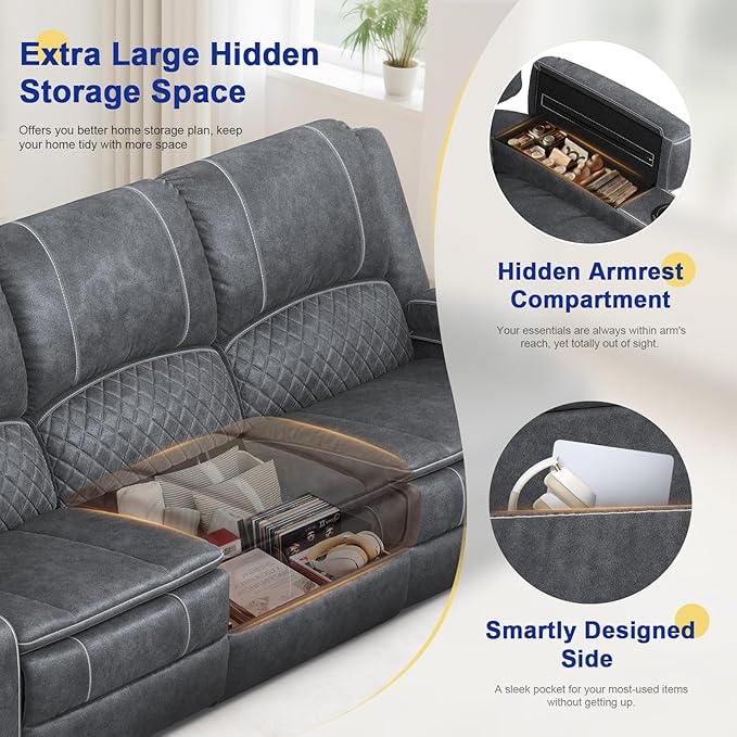 3+1+1 Manual Recliner Sofa, Maximum Load Capacity 2250lbs & Ergonomics Design, Multi-Functional Middle Seat & Home Theater Seating with Removable Armrest and Storage for RV Living Room (Velvet,Grey)