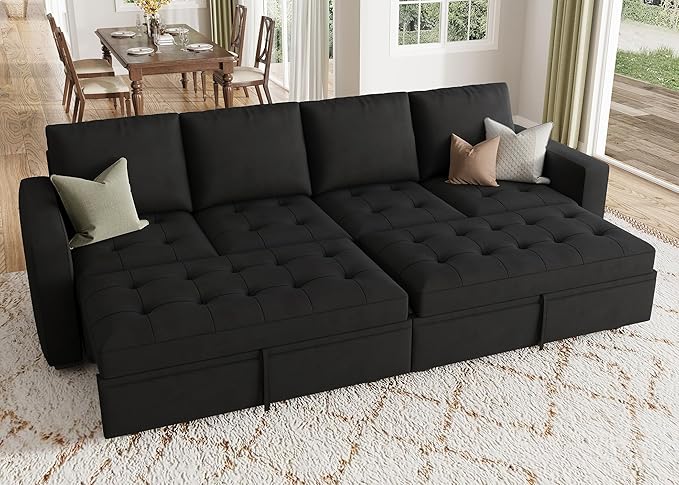 HONBAY Modular Sectional Sleeper Sofa with Pull Out Bed, Linen Convertible Sectional Couches for Living Room, Black