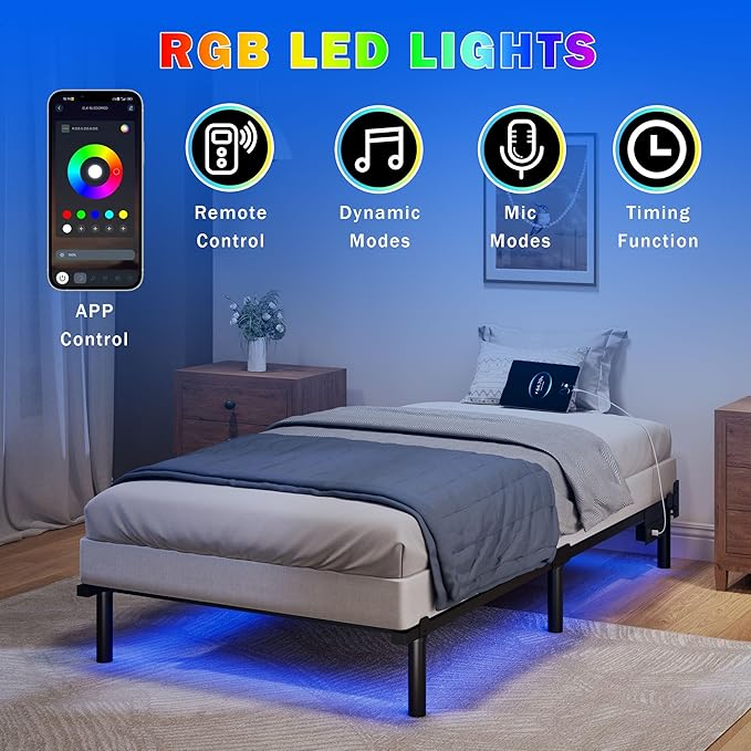 SHOANED Twin XL Size Bed Frame, 7 Inch Metal Steel Bedframe with LED & Charging Station for Box Spring and Mattress, Heavy Duty Basics Bed Base, Noise Free, Easy Assembly, Black