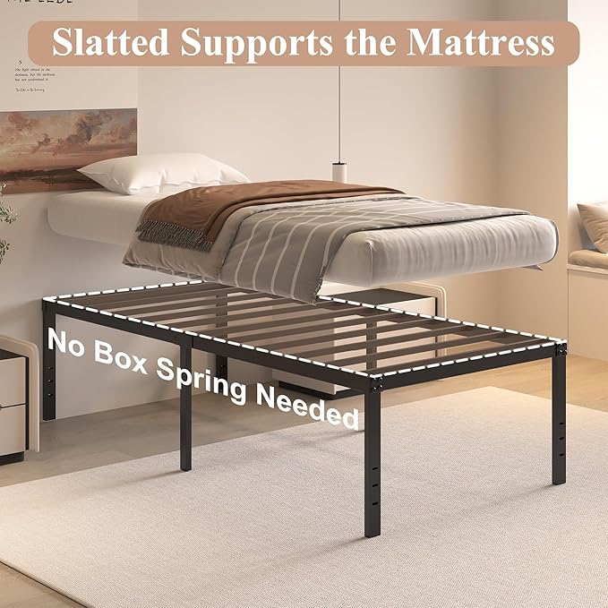 20 Inch Twin XL Size Bed Frame, No Box Spring Needed, Heavy Duty Black Metal Platform Mattress Foundation with Steel Slats, Non-Slip Noise Free Easy Assembly, Large Storage
