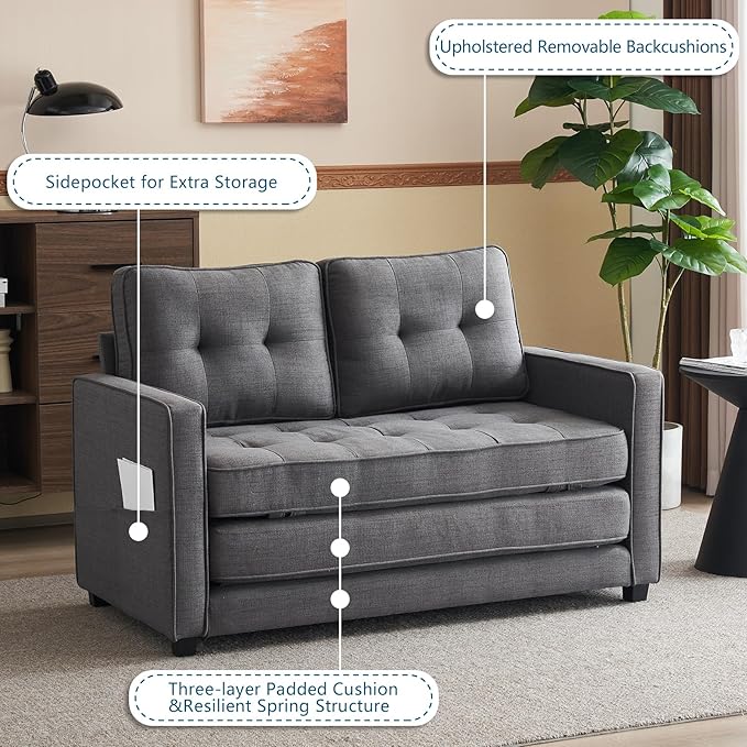 VINGLUpgraded Loveseat Sleeper, 53.5"W 83"L Convertible Sofa Bed Couch Futon Couches for Living Room, Twin Folding Couch Bed for Small Spaces, Foldable Floor Gaming Sofa Bed for Basement, Dark Grey