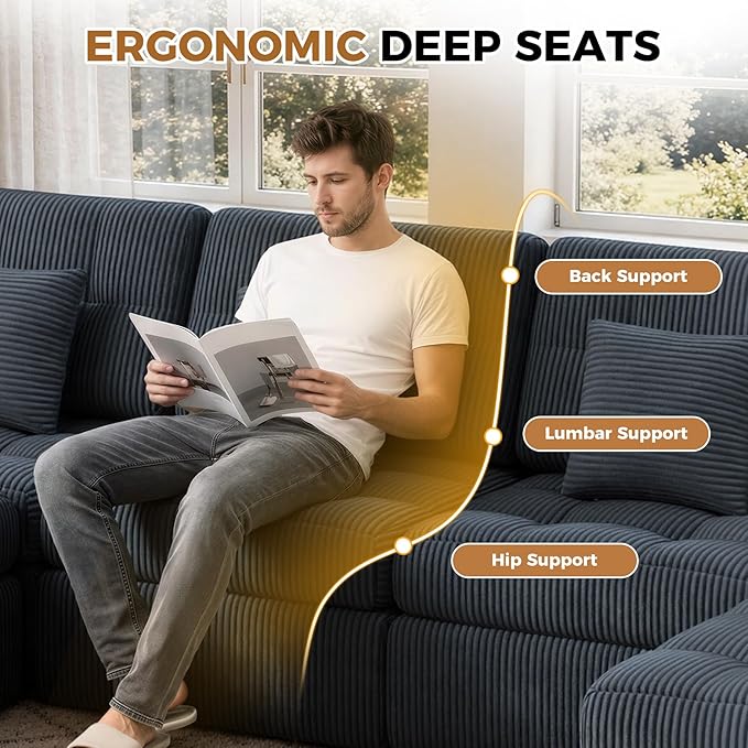 112" L Shaped Cloud Boneless Couch,Modern Modular Sectional Sofa with Layered Cushion,No Assembly Convertible Corduroy Couches for Living Room,Dark Grey 1 PCS