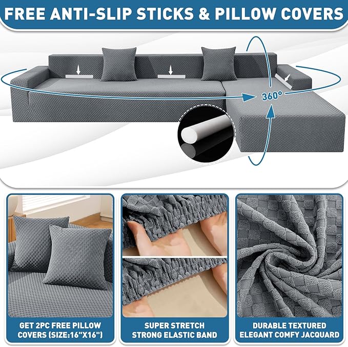 ZNSAYOTX Sectional Couch Covers, Stretch Jacquard Slipcovers with Elastic Bottom for L-Shape Sectional Sofa, 2 Pcs Pet Friendly Modular Sofa Protector (3 Seat Couch + 3 Seat Chaise, Light Grey)