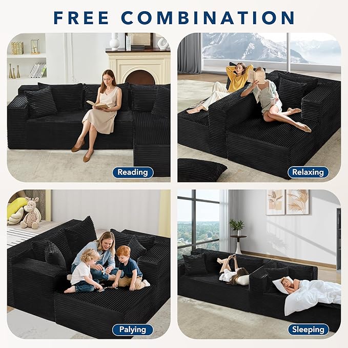 Garvee Modular Sectional Sofa Cloud Sectional Couch, 106" Comfy Fluffy L Shaped Black Couches for Living Room,Oversized Sofa Sleeper with Deep Seat, No Assembly Required, Black