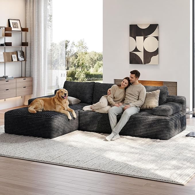 Yaheetech 110" Modular Sectional Sofa Corduroy Boneless Couch with Chaise L-Shape Cloud Couch with Detachable Pillows No Assembly Sofa for Living Room, Dark Gray