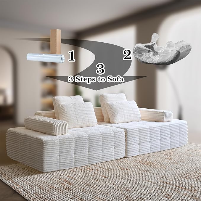Modular Sectional Sofa with Movable Handrails, Straight-Row Boneless Sofa Sectional Couch for Living Room, Deep Seat Memory Foam Faux Rabbit Fur Fabric Sofa, No Assembly Required (White)