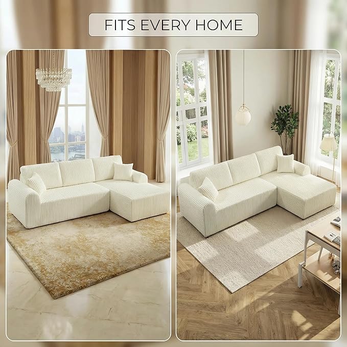 109“L-Shaped Sectional Sofa Boneless Couch Upholstery Cloud Modular Couch with Chaise No Assembly Required Corduroy Fabric Combination Deep Seat Living Room Bedroom(Cream, Right Hand Facing)