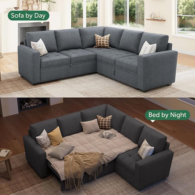 HONBAY Modular Sectional Sleeper Sofa with Pull Out Couch Bed, L Shaped Couch with Storage Seat, Sectional Couches for Living Room,Bluish Grey
