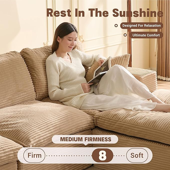 106.3” Sectional Couches for Living Room, Set of Cloud Couch, Modular Sectional Sofa, Convertible Sofas Bed, Deep Seat Sofa, L Shaped Cozy Sofa Furniture Set, Corduroy, Camel