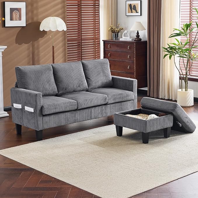 VINGLI 68.5' L Shaped Couch with Removable Storage Ottoman, Convertible Sectional Sofa in Corduroy Fabric, Modern Reversible Chaise Couch for Small Spaces, Apartment, Living Room，Grey