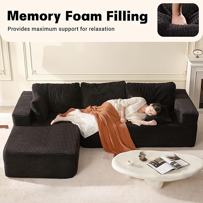 107" Boneless Couch with Deep Seat, Set of Modular Sectional Sofa, Cloud Sectional Couch for Living Room, No Assembly Required, Corduroy, L-Shape Left, Black